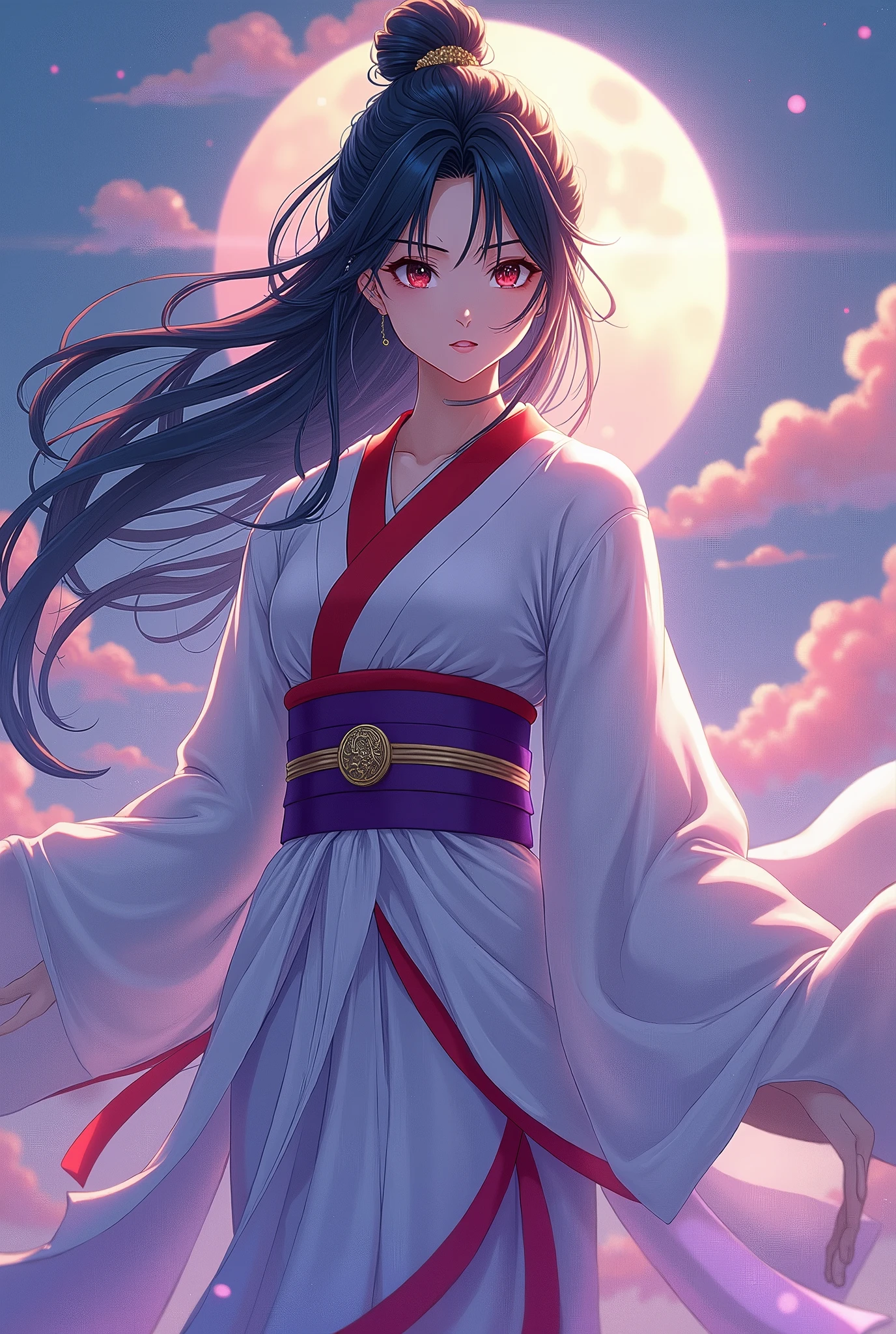  Japan's Kirishima Mountain Goddess ,  the greatest beauty in the anime world ,  Long Black Hair Updo , (Beautiful thin eyes), Mid-chest,  white kimono with a red collar , The obi is a purple color ,  Vivid Seven Colored Clouds ,  Vivid Light Emitting from Within the Clouds,  fantasy, Saiun Kuni Monogatari , whole body,  best quality,  high image quality, masterpiece, 8K wallpaper,  high definition ,  Detailed Anime Art ,  fantasyアート,