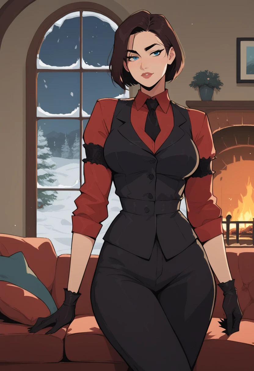 score_9, score_8_up, score_7_up, source_anime, 1woman, mature, human female, human, detailed face, jawline, smooth skin, beige skin, beautiful eyes, blue eyes, brunette, big breasts, bob cut hair, indoors, couch, fireplace, night, window, snow, red shirt, black necktie, long sleeves, arm garter, black gloves, black vest, waistcoat, black pants,