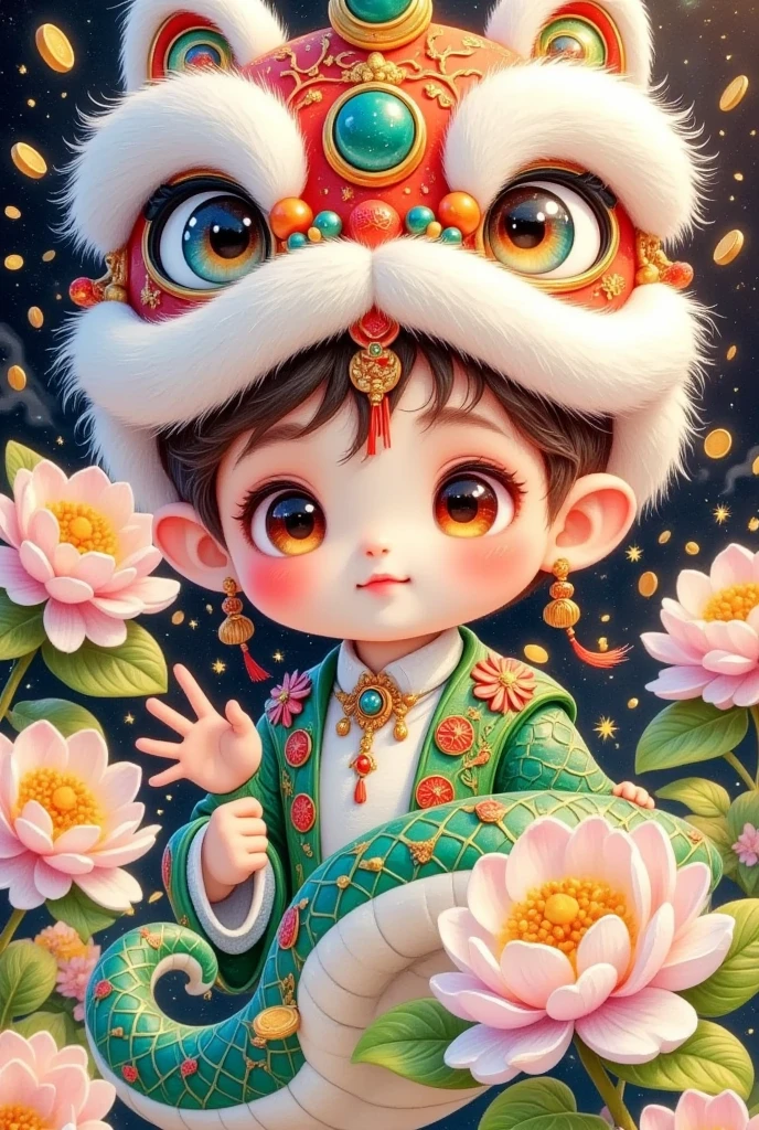 Closeup of a boy with a snake tail wearing a Chinese lion hat， Rain of coins in the air。Flowers