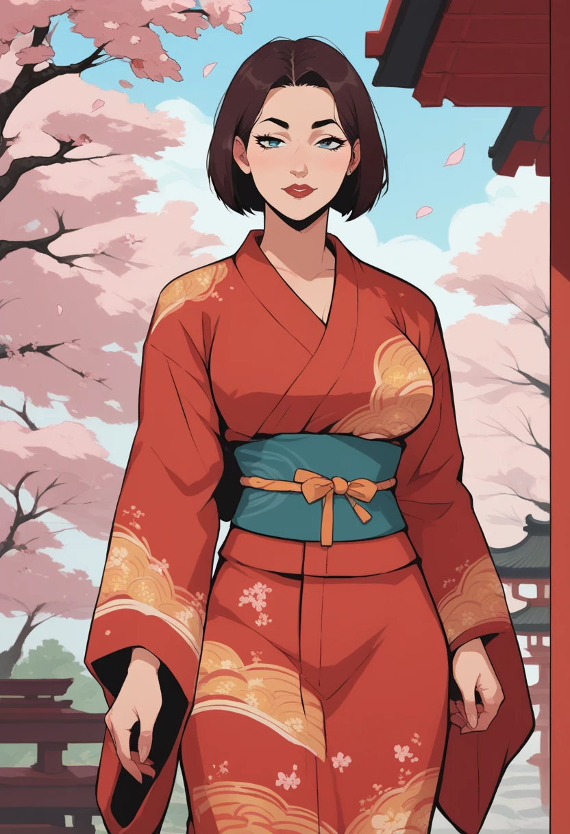 score_9, score_8_up, score_7_up, source_anime, 1woman, mature, human female, human, detailed face, jawline, smooth skin, beige skin, beautiful eyes, blue eyes, brunette, big breasts, bob cut hair, long sleeves, orange obi, orange trim, print kimono, red yukata, white trim, wide sleeves, yukata, japanese architecture, cherry blossoms,