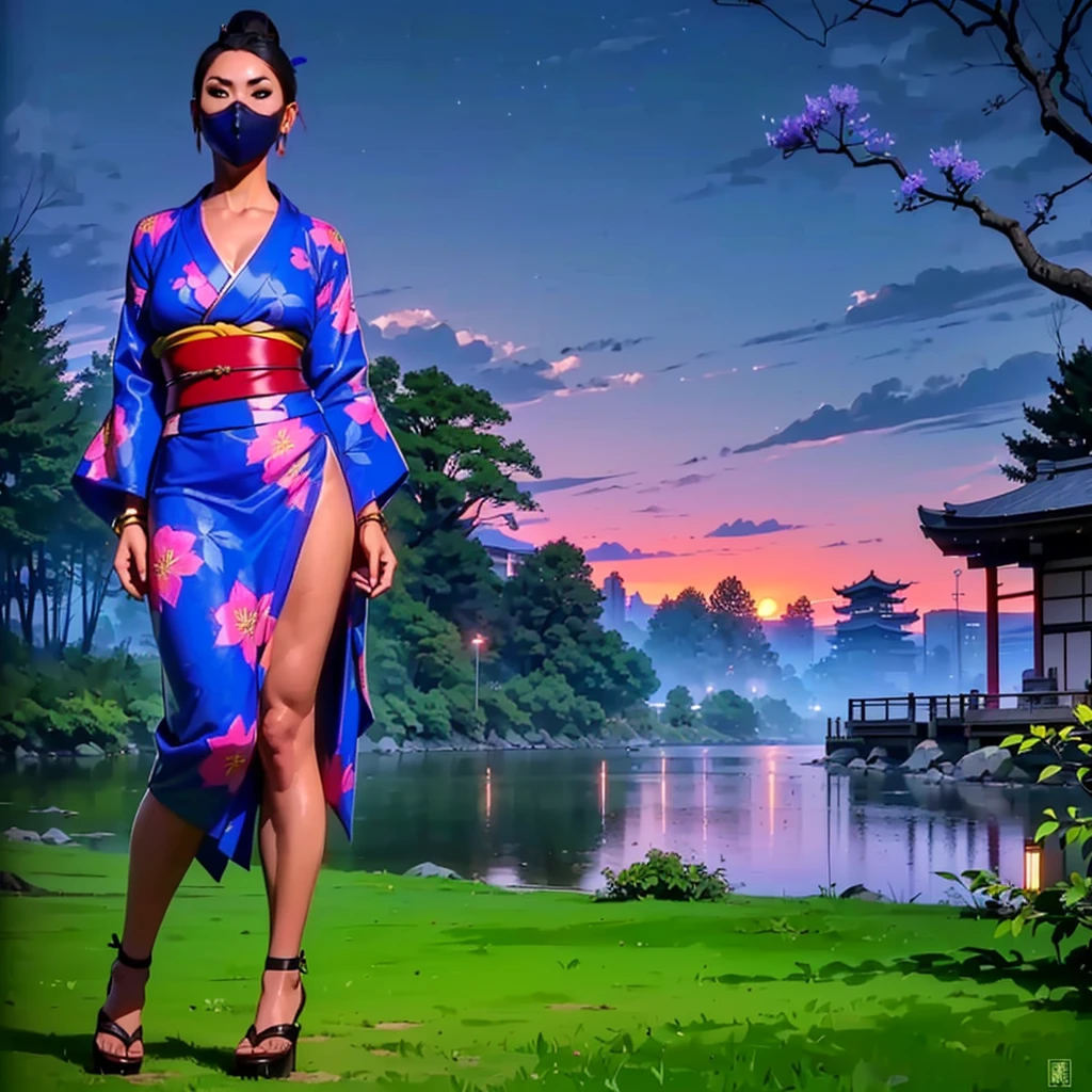 ((1girl, solo ,alone, ((KitanaMK1, kitanamk11, kitana, long hair, balck hair, black eyes, mask, masked face, hair up)), gold bracelets, ruby earrings)), ((solo, 1woman, pink lipstick, Extremely detailed, ambient soft lighting, 4k, perfect eyes, a perfect face, perfect lighting, a 1girl)), austere, ((fitness,, shapely body, athletic body, toned body)), ((fitness, , shapely body, athletic body, toned body)) , ((kimono, Yukata, Japanese garden, Japanese temple, fireworks, night, trees, city in the background, red lipstick, clouds, smug, printed kimono, jacaranda trees, high heels, sunset))