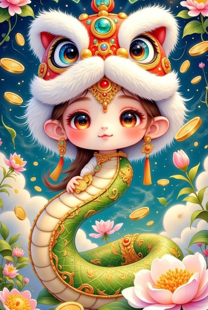 Closeup of a beautiful boy wearing a Chinese lion hat， cute faces，Snake Body，A snake tail in the back， Rain of coins in the air。Flowers，Cute and lovely