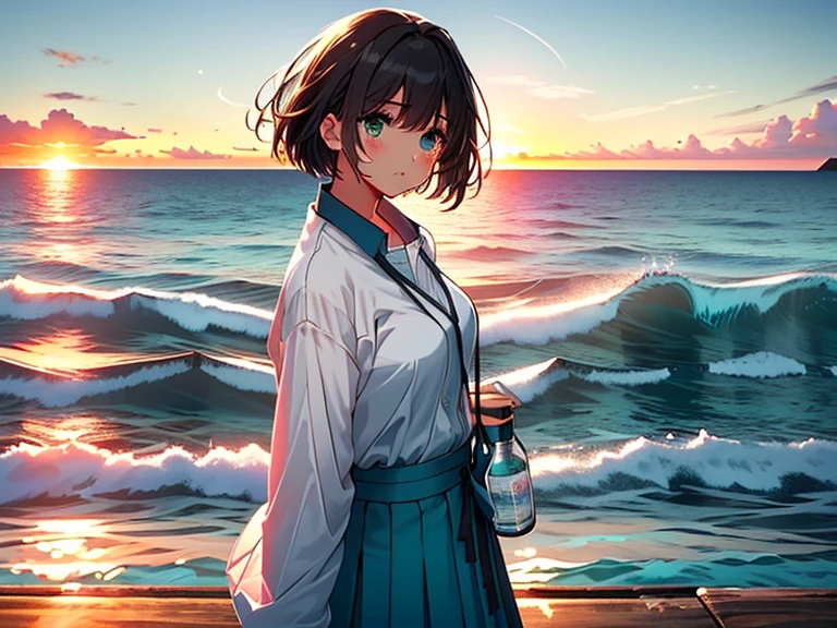 (masterpiece,  top quality, shape,  Delicate Details, 8k:1.2),( highly detailed CG unity 8k wallpaper), ( top quality), ( best illustrations), ( shot by a professional photographer:1.2),(Best Shadow),  realistic lighting,(((Clear, clear sky , beautiful ocean:1.2))),((( shouting into the ocean :1.2))), a bittersweet memory of first love with a vibrant scene. A bob-cut, boyish high school girl sits at the edge of a local pier, a bottle of lactic acid drink in hand. Her posture and subtle tear reveal the emotions of being turned down after her first confession. The glowing sunset reflects on the calm sea, contrasting with the girl's youthful energy and fleeting sadness. The scene captures her from a cowboy shot angle, focusing on her lively yet vulnerable expression, blending the freshness of youth with the poignant beauty of growing up.