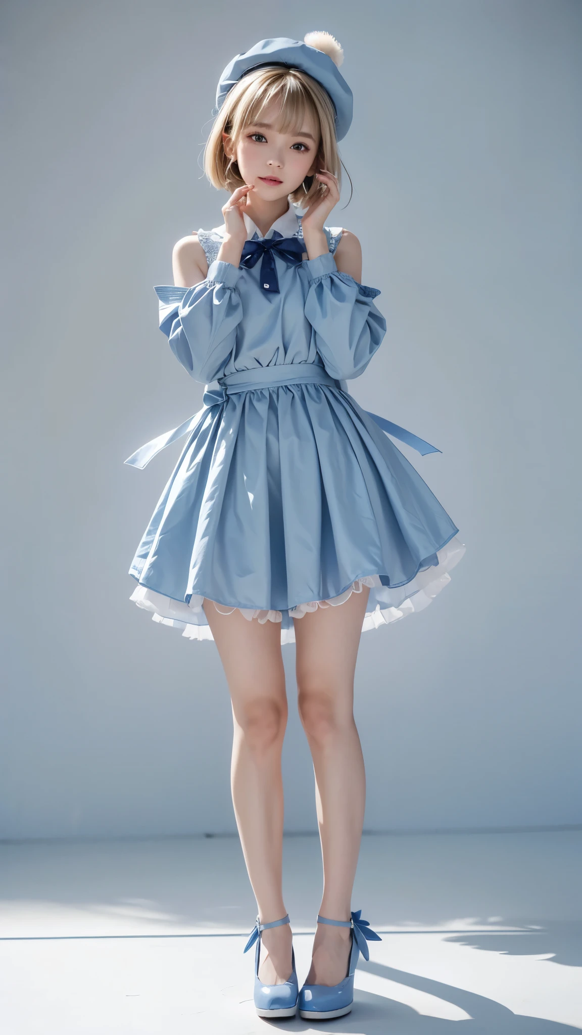 Uekura,  One Girl , Blonde, White background,  has ,  dress,  blue footwear, wing,  simple background , sign, flower, Manicure,   wide sleeve over mouth,  Long Sleeve , , animal, White Flower, Alone, whole body, bird,  viewer on one side,  high heels,  Put your hands on your cheeks ,  holding hands on face , frills, bow, bangs, ribbon, Bell,  blue hat, +_+, shoes下,  short hair,  Grey Eyes , shoes, Blue Claws, feathered wing, blue bow