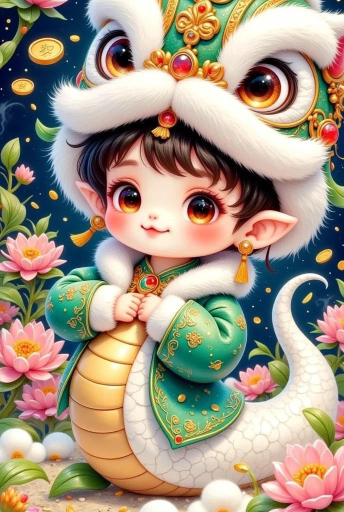 Closeup of a beautiful boy wearing a Chinese lion hat，Snake Body，A snake tail in the back， Rain of coins in the air。Flowers，A cat，Cute and lovely