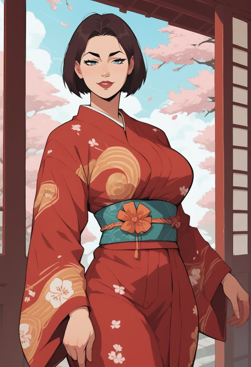 score_9, score_8_up, score_7_up, source_anime, 1woman, mature, human female, human, detailed face, jawline, smooth skin, beige skin, beautiful eyes, blue eyes, brunette, big breasts, bob cut hair, long sleeves, orange obi, orange trim, print kimono, red yukata, white trim, wide sleeves, yukata, japanese architecture, cherry blossoms,