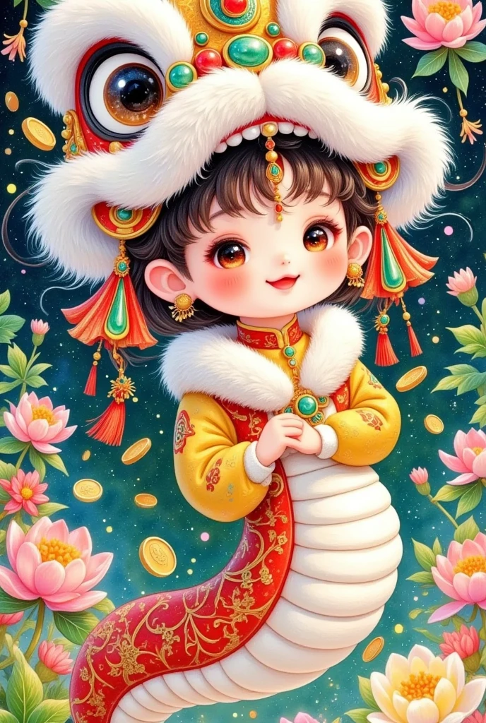 Closeup of a beautiful boy wearing a Chinese lion hat， cute faces，Snake Body，A snake tail in the back， Rain of coins in the air。Flowers，Cute and lovely