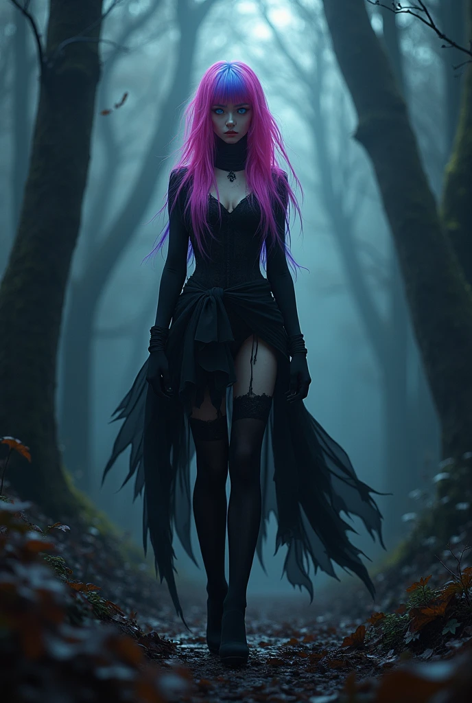 A 15 year old, short specifically 5'5 girl with long maroon hair slightly past your waist and one black eye and one maroon-red eye and has a slim and small figure wearing a hoodie with tight leggings a chockers, black fingerless gloves and black high heel boots