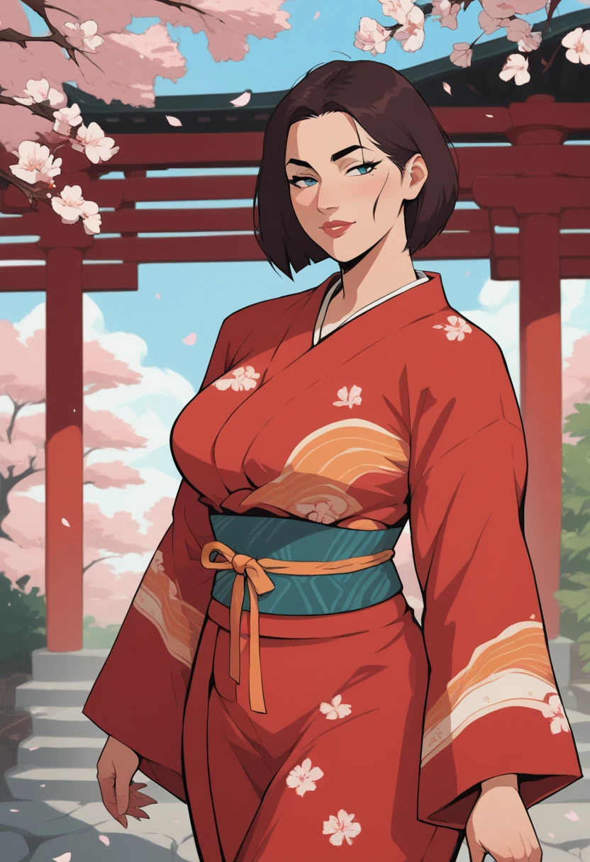 score_9, score_8_up, score_7_up, source_anime, 1woman, mature, human female, human, detailed face, jawline, smooth skin, beige skin, beautiful eyes, blue eyes, brunette, big breasts, bob cut hair, long sleeves, orange obi, orange trim, print kimono, red yukata, white trim, wide sleeves, yukata, japanese architecture, cherry blossoms,