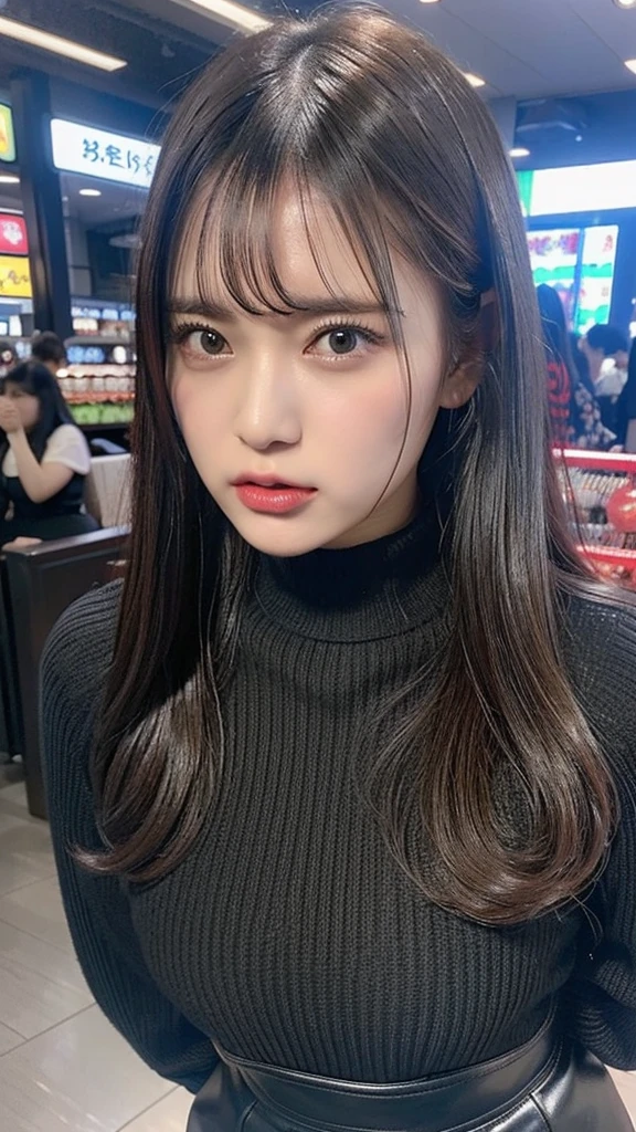 (((black long sleeve knit, black leather skirt))),((((black long hair, bangs)))), (((open mouth, disgusted face:1.3)))、((standing)), Japanese、((((Round face))))、(big cheeks)、((Cute Face))、(((Japanese idol)))、(((background: dark shopping mall))),  Ultra High Definition,  high image quality model,  retina,  top quality, High resolution、high resolution、in 8K,Highly detailed eyes and face、超High resolution, High resolution、high resolution、in 8K