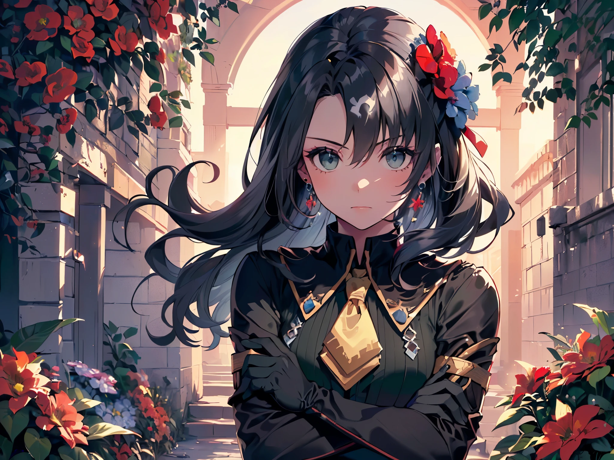 (Solo girl, one girl:2), (Arms crossed to emphasize upper body:2), (Looking to the side to create a seductive atmosphere:2), (Long hair:2), (Hair tied with a big ribbon:2), (Tie:2), (Gorgeous dress with blue high neck collar, black gloves:2), (Red flower hair accessory:2), (Earrings:2), (Surrounded by many red flowers:2), (Sunset sky, sunset, night breeze), (Bust from the side), (((4K, High Resolution, Masterpiece, Accurate, Anatomically Correct, Multiple Awards, Top Quality, Detailed, High Quality, Extremely Detailed, Ultra High Resolution))).