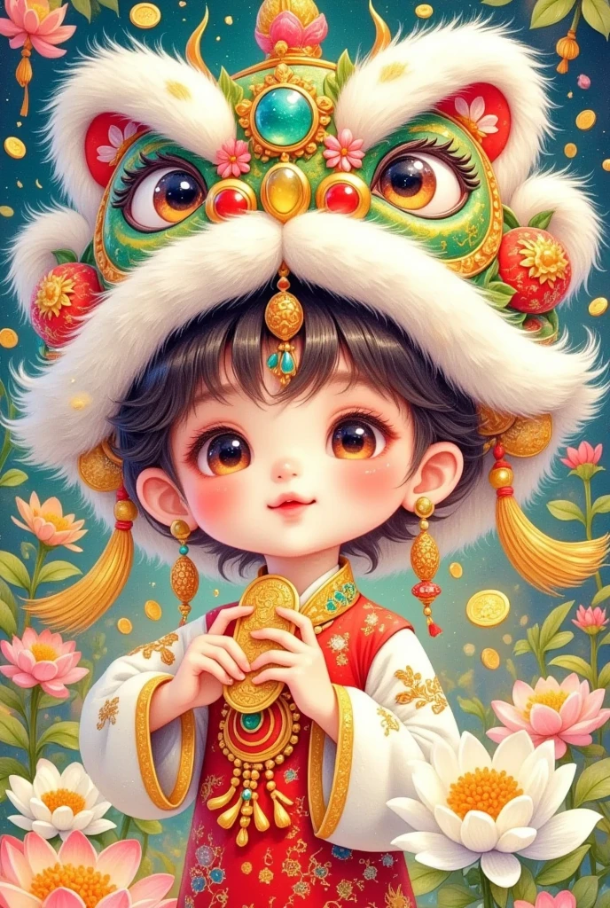 Closeup of a beautiful boy wearing a Chinese lion hat， cute faces，Snake Body，A snake tail in the back， Rain of coins in the air。Flowers，Cute and lovely