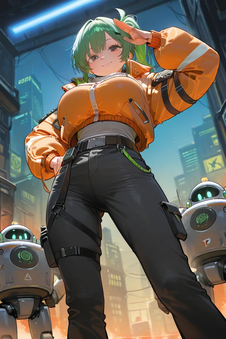 1 girl,  engineer draws,  big breasts,  big booty ,  Wearing a warm jacket, pants, be in the workshop, robots , cyberpunk environment. 