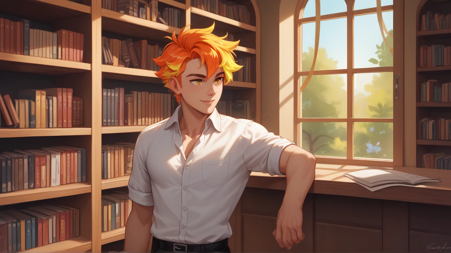 A bright and cheerful male librarian, Sol, with short, slightly messy orange-highlighted hair, wearing a white shirt and a light vest. He radiates energy and positivity, standing in a cozy library bathed in morning sunlight streaming through large windows. The atmosphere is uplifting and dynamic, reflecting a fresh and vibrant start to the day.