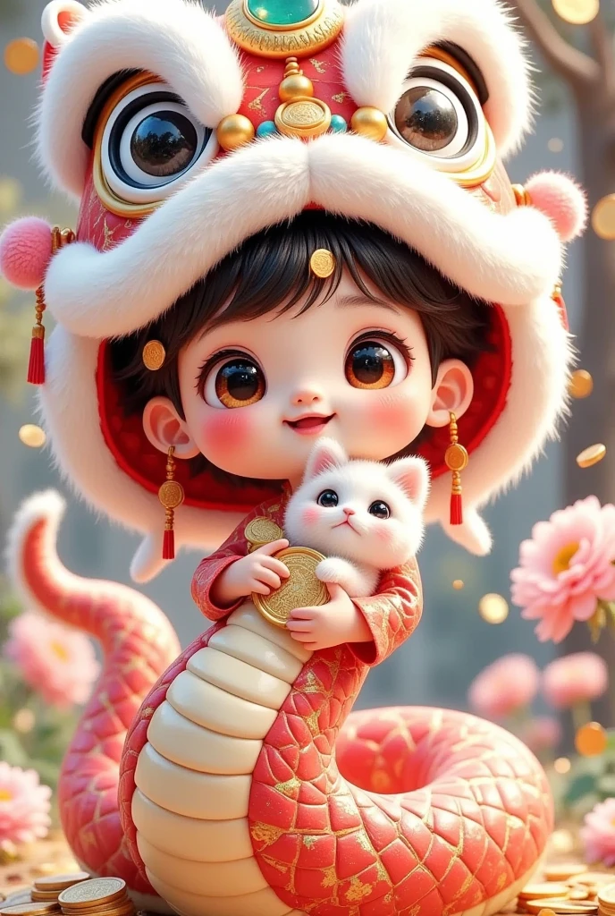 Closeup of a beautiful boy wearing a Chinese lion hat，Snake Body，A snake tail in the back， Rain of coins in the air。Flowers，Holding a cat，Cute and lovely