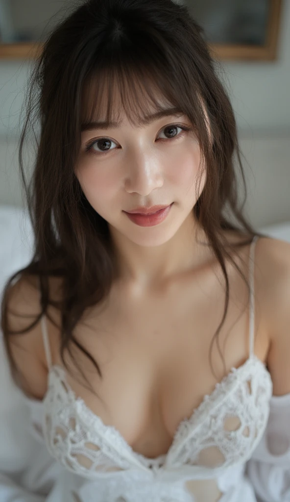 Close-up photo of a beautiful cute Asian woman,long messy hair, bangs,on bed, kneeling, nipples , smiling , sexy, erotic, close up from down. Tongue out, mouth open, ahegao,