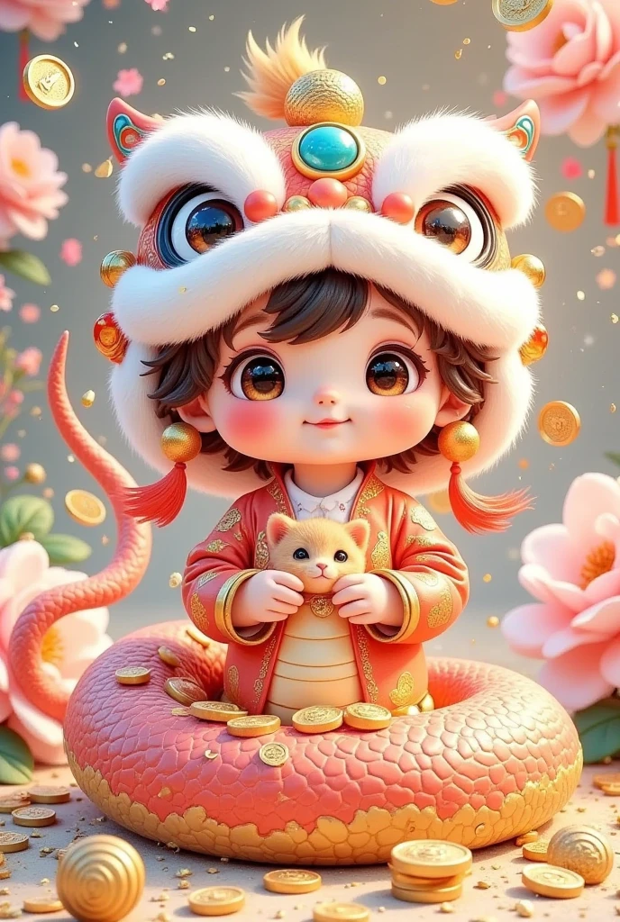 Closeup of a beautiful boy wearing a Chinese lion hat，Snake Body，A snake tail in the back， Rain of coins in the air。Flowers，Holding a cat，Cute and lovely