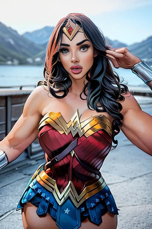   with a cool and handsome face 、  Wonder Woman costume with a cool and charming face 、  beautiful young woman、18 years old、   Toned Muscles 、Cool and charming  、 sharp eye、 Big Breasts 、