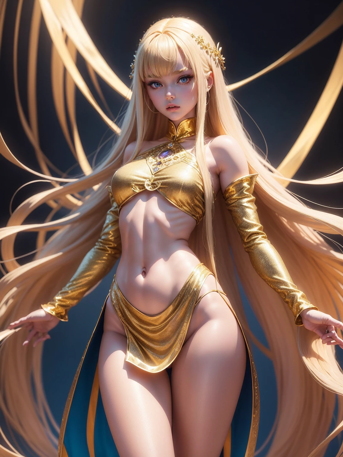 Super detailed、Sensual, ((Long blonde metallic tentacle hair)), Thick thighs, 8k, 4K, highest quality, High resolution:1.2), 3D、Real Anime、Cute anime face, Noise Reduction, ((Glowing golden eyes, A kind smile, Kind eyes))、Toned Abs, Muscular arms, Muscular legs,  Young Face, Anime Eyes, (((Big Breasts、A chest that&#39;s about to burst)))、(((Bondage Style)))、(((Rear View、I&#39;Will turn around、Accentuate your butt、T-back that digs into your ass)))、(((White yarn)))、(((Put your knees on the floor)))