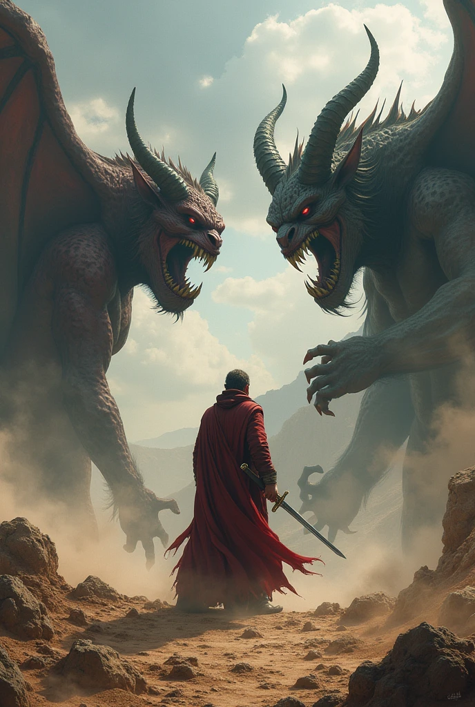 The monsters coming out of the open cage are fighting each other. Bloody and destructive scene, chaos spread all around. King stand aloof and have fun