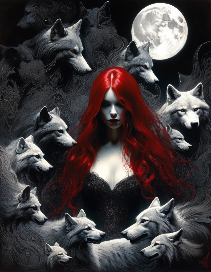 girl surrounded by wolves, wolf queen, long red hair, black embroidered dress, moon, blood, lace fabric, sketch style, dark ritual, wolves, magic, fantasy, art inspired by Bill Sienkiewicz and Dave McKean, eroticism, sexy, black and white image, among shadows, oil painting, chiaroscuro, sensual, dramatic lighting, melancholic atmosphere, photorealistic, intricate details, masterpiece, ultra detailed, high quality, 8k, best quality, realistic, cinematic, dark and brooding, expressionistic, powerful composition, emotional impact, sketch, {{{, nsfw, sexy dress,cute,ultra detailed skin,sketch}}},ass, perfect ass ,}}}, art inspired by Bill Sienkiewicz and Dave McKean
