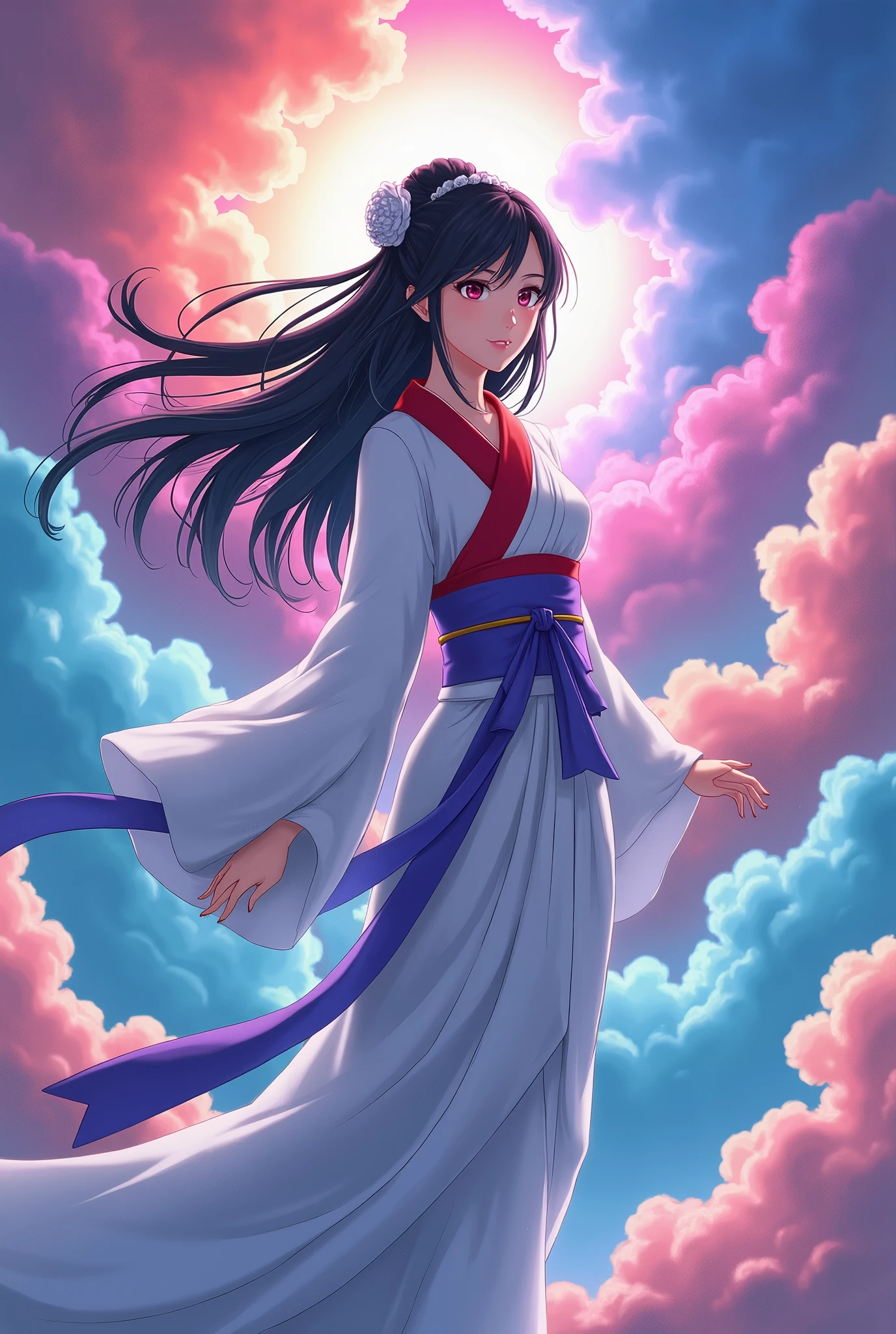  Japan's Kirishima Mountain Goddess ,  the greatest beauty in the anime world ,  Long Black Hair Updo , (Beautiful thin eyes), Mid-chest,  white kimono with a red collar , The obi is a purple color ,  Vivid Seven Colored Clouds ,  Vivid Light Emitting from Within the Clouds,  fantasy, colorful clouds, Seven colors are emitting from the goddess's body, whole body,  best quality,  high image quality, masterpiece, 8K wallpaper,  high definition ,  Detailed Anime Art ,  fantasyアート,