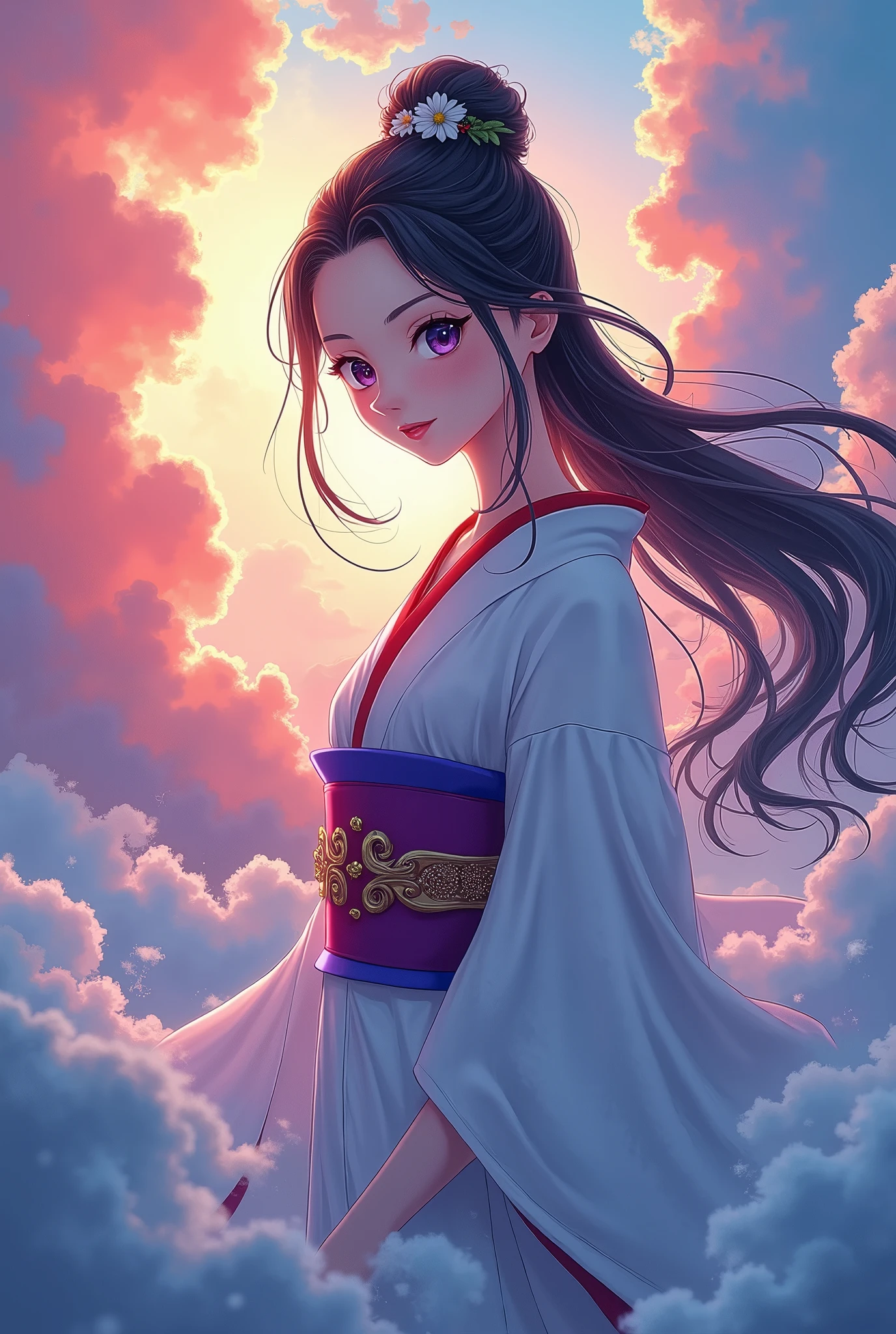  Japan's Kirishima Mountain Goddess ,  the greatest beauty in the anime world ,  Long Black Hair Updo , (Beautiful thin eyes), Mid-chest,  white kimono with a red collar , The obi is a purple color ,  Vivid Seven Colored Clouds ,  Vivid Light Emitting from Within the Clouds,  fantasy, colorful clouds, Seven colors are emitting from the goddess's body, whole body,  best quality,  high image quality, masterpiece, 8K wallpaper,  high definition ,  Detailed Anime Art ,  fantasyアート,