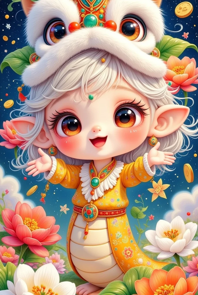 Closeup of a beautiful boy wearing a Chinese lion hat， cute faces，Open your arms，Snake Body，A snake tail in the back， Rain of coins in the air。Flowers，Cute and lovely