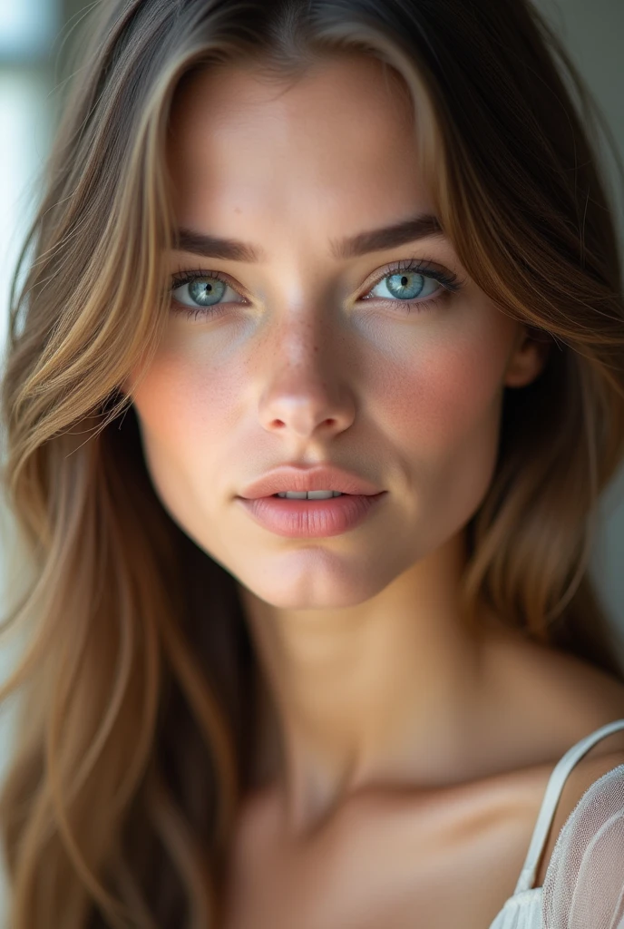  high quality ,  best quality , realistic,  original photo,  actual , Ultra Realistic 8K CG ,  Super detailed ,  HD, masterpiece,  1 girl, 18 years old,  Female Beautiful Face ,  soft face , Elegant,  long hair,  blue eyes , Light  blue eyes , close up,  Detailed , Fine texture,  fine details, Front ,  Female Natural Body ,  Sexy ,  Very Beautiful Young Female Face,