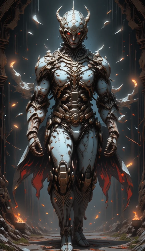  is possessed by a demon, a holy knight commander.A full-body image of an adult male . muscular body .Wear white gold holy knight armor. Eyes Deep Red . standing inside a mysterious black and red church.Bold composition 