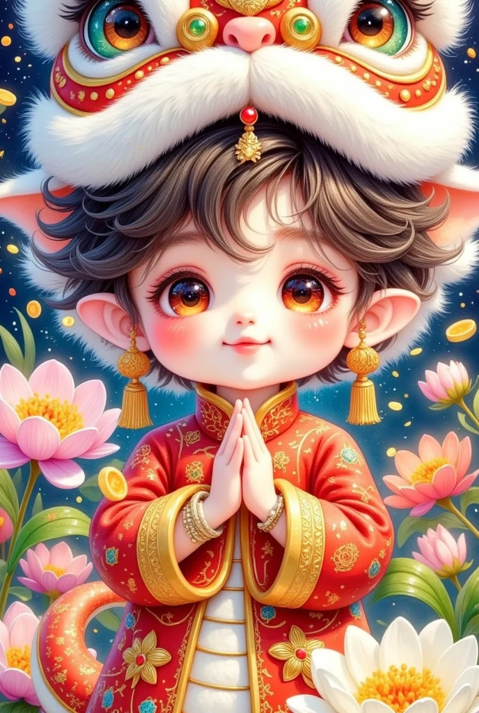 (Closeup of a beautiful boy wearing a Chinese lion hat)， cute faces，Open your arms，Snake Body，A snake tail in the back， Rain of coins in the air。Flowers，Cute and lovely