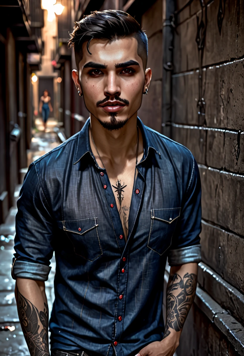 in the style of Charlie Bowater, (UHD),Vampire, Detealized face, fangs, man in an alley, net shirt, latino, jeans, barefoot, mouth open to bite, brown short hair, small tattoo (cross) on face (right cheek), 