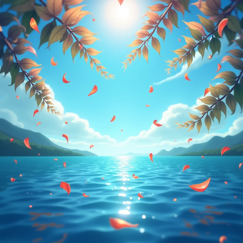 masterpiece,  best quality , ( very detailed CG uniform 8K wallpaper) ( best quality ), (best illustration), ( the best shade ) Nature&#39,  BLUE SEA ,Detailed leaf petals of various colors fall in the air to track light,  super detailed 