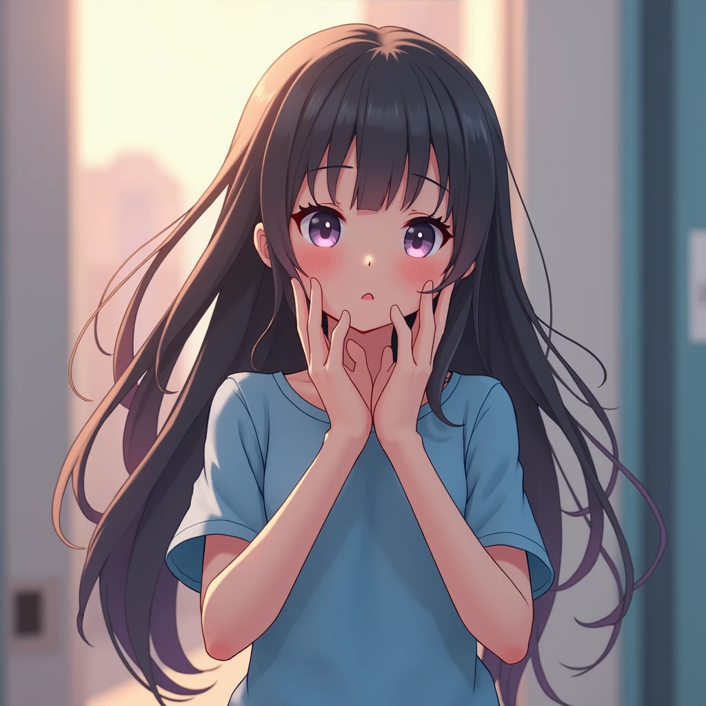  anime girl with long hair in a blue shirt posing for a photo,  realistic anime 3D style,  and pouting your butt {x} 3D anime,  Realistic anime ,  Realistic anime  girl render, Smooth Anime CG Art,  anime styled 3d, 现实主义 anime style, Anime realism style,  anime style. 8K, Realistic young anime girl ,  in her hands {x} cute 3d anime girl rendering