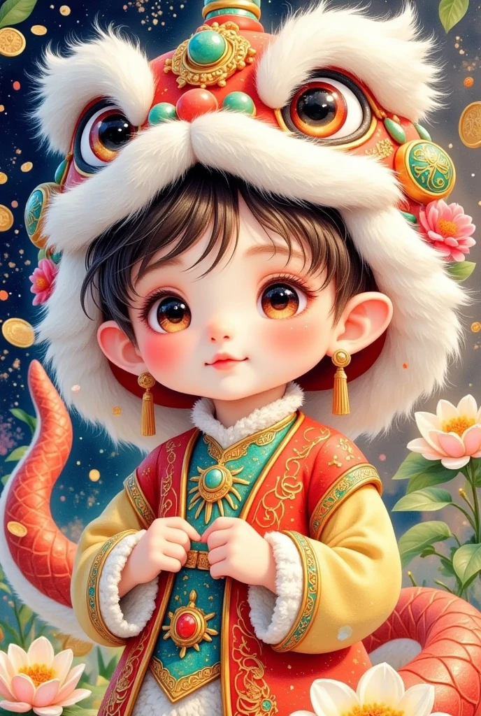 (Closeup of a beautiful boy wearing a Chinese lion hat)， cute faces，Open your arms，Snake Body，A snake tail in the back， Rain of coins in the air。Flowers，Cute and lovely