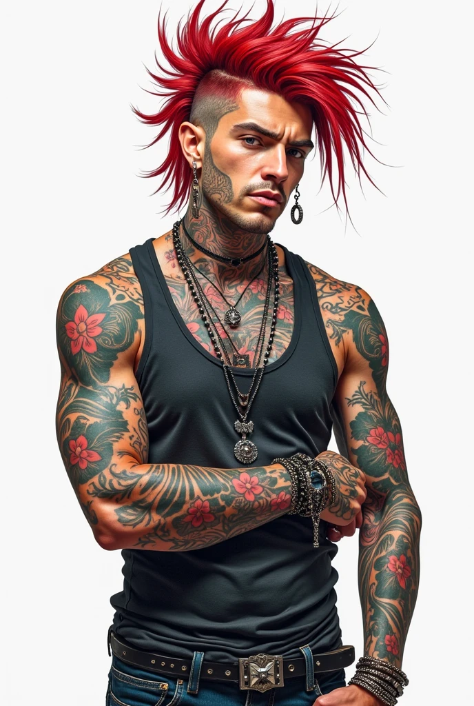 Full body tattoo、Colorful Japanese carvings、Slender、male、front、Wearing clothes、Shorts、shirt、long red hair、sunglasses、marijuana、Artist、Musician、mens、