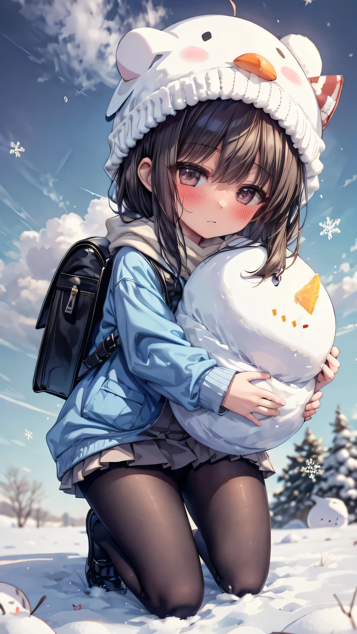 ((masterpiece, sidelighting, finely detailed beautiful eyes: 1.2)), (anatomically collect:1.3), Extremely cute, (extremely detailed beautiful face), (Authentic skin texture:1.4), (outdoor, winter, snowy landscape, park:1.2), (1 lower elementary school student toddler girl:1.8), (Loli:1.8), (small stature, petite body:1.8), (flat chest), (short black hair), (glasses:1.3), (duffel coat, woolen scarf, Woolly hat:1.2), (tights, loafer:1.2), (blush cheek:1.4), (shy, happy), (face focus:1.2), (kneeling, hugging a large snowman:1.4), carrying randoseru backpack, (steam)