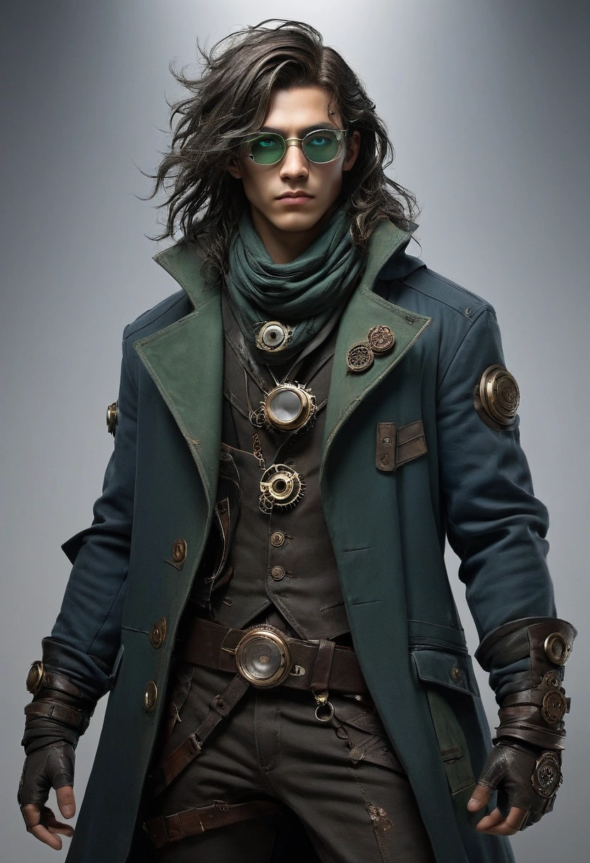 Create a full-body male character concept art, a determined 21-year-old in a steampunk-space opera world. His long hair, inspired by JB from GOT7, is slightly disheveled and covers part of his face. He wears scavenged clothing that shows signs of wear—tattered layers, heavy boots, and a patched coat. His demeanor is serious and focused, reflecting his harsh experiences. He is always seen wearing interesting glasses, which hide his eyes and protect people from his powers. The design should combine steampunk aesthetics with futuristic tech, creating a mix of rugged and advanced elements in his attire. Cool and Dark Color Palette: Dark and muted tones can reflect your distant, serious personality with a complex emotional background. Main Colors: Ash gray and black: to represent hardness, uncertainty and your internal struggle. Dark blue or petrol blue: these cool tones can symbolize your reserved, mysterious and analytical nature. Accents: Silver or metallic gray: can be linked to the scientific/technological aspect of the world and the fact that your power is more mental and linked to perception. Pale emerald green: to highlight details of your design, especially related to your glasses, giving it an almost "cold but sensitive" touch, without being too warm.
