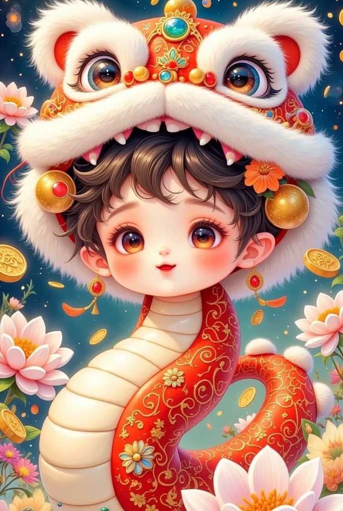 (Closeup of a beautiful boy wearing a Chinese lion hat)， cute faces，Open your arms，Snake Body，A snake tail in the back， Rain of coins in the air。Flowers，Cute and lovely