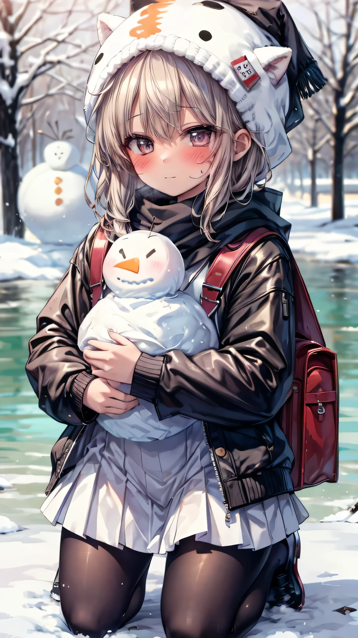 ((masterpiece, sidelighting, finely detailed beautiful eyes: 1.2)), (anatomically collect:1.3), Extremely cute, (extremely detailed beautiful face), (Authentic skin texture:1.4), (outdoor, winter, snowy landscape, park:1.2), (1 lower elementary school student toddler girl:1.8), (Loli:1.8), (small stature, petite body:1.8), (flat chest), (short black hair), (glasses:1.3), (duffel coat, woolen scarf, Woolly hat:1.2), (tights, loafer:1.2), (blush cheek:1.4), (shy, happy), (face focus:1.2), (kneeling, hugging a large snowman:1.4), carrying randoseru backpack, (steam)