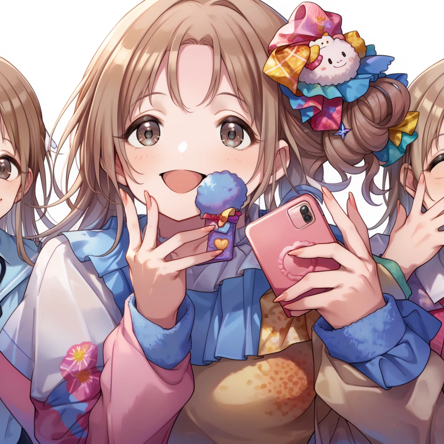 score_9, score_8_up, score_7_up, Three girls, happy smile, (cute face), ichikawa_hinana, h_suzuki, skrgmn, idol stage, selfie, from above, upper body, look at viewer