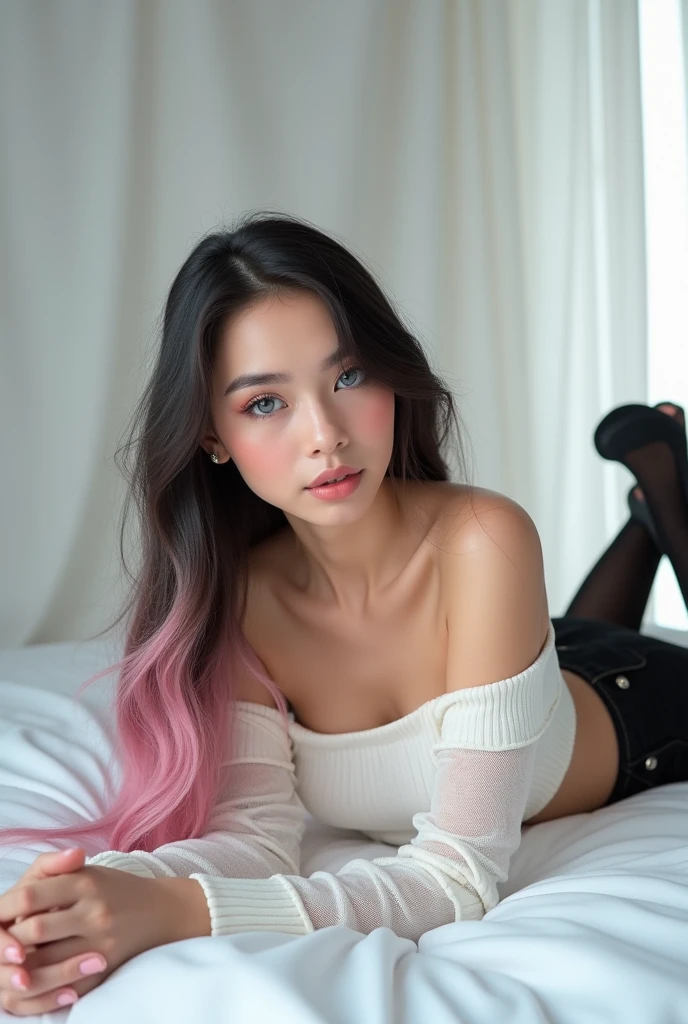 Create an image with the characteristics defined in the tag and avoid using the characteristics defined in the tag. A young woman with a delicate appearance, shoulder-length straight hair in light pink color. She has large, expressive eyes with soft makeup highlighting her lashes and well-defined eyebrows. Her skin is fair with an even tone. The facial expression is serene and confident. The image should be in a well-lit indoor environment, with soft natural light coming through the window, creating light shadows and a cozy atmosphere. The woman is wearing casual clothing that reveals part of her shoulders. The background is simple, with light-colored walls and a few minimalist decor items that do not distract from the main figure. The image should focus on the face, capturing the details of the hair and makeup, with a depth of field that slightly blurs the background. The framing should be centered and close, highlighting the facial expression and hairstyle. The resolution should be high, capturing all details with clarity. Do not include accessories such as hats, glasses, or jewelry. Do not use vibrant colors or flashy elements in the background. Avoid including more than one person in the image or any elements that distract attention from the woman's face. Do not add dramatic lighting or shadow effects that may distort the model's natural features.
