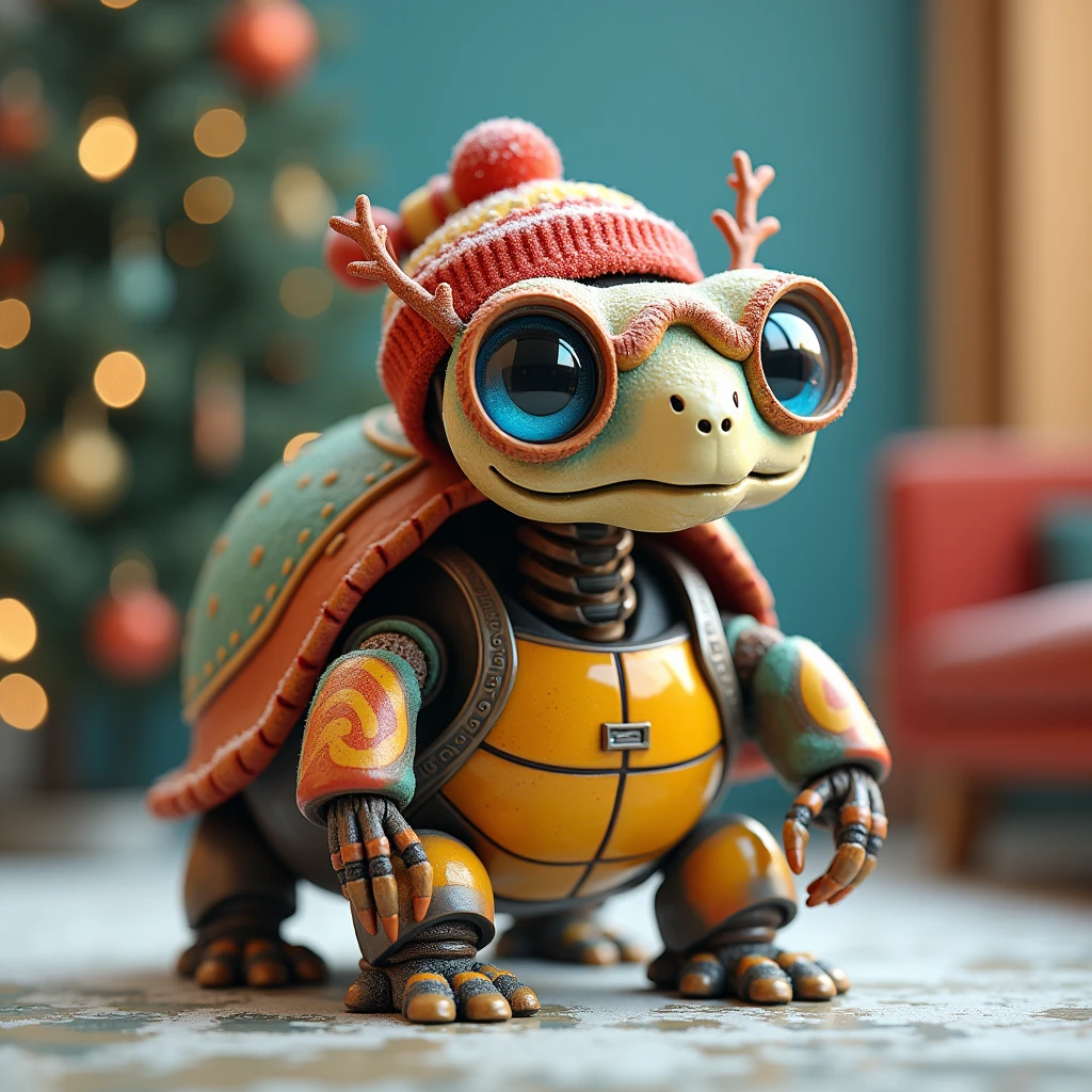 Christmas Tree Decoration Beautiful Turtly-shaped colorful bright shell, in glasses, cute hat ,  as detailed as possible ,  designer robot ,  better quality , 8 k,  complex ,  maximum quality,  