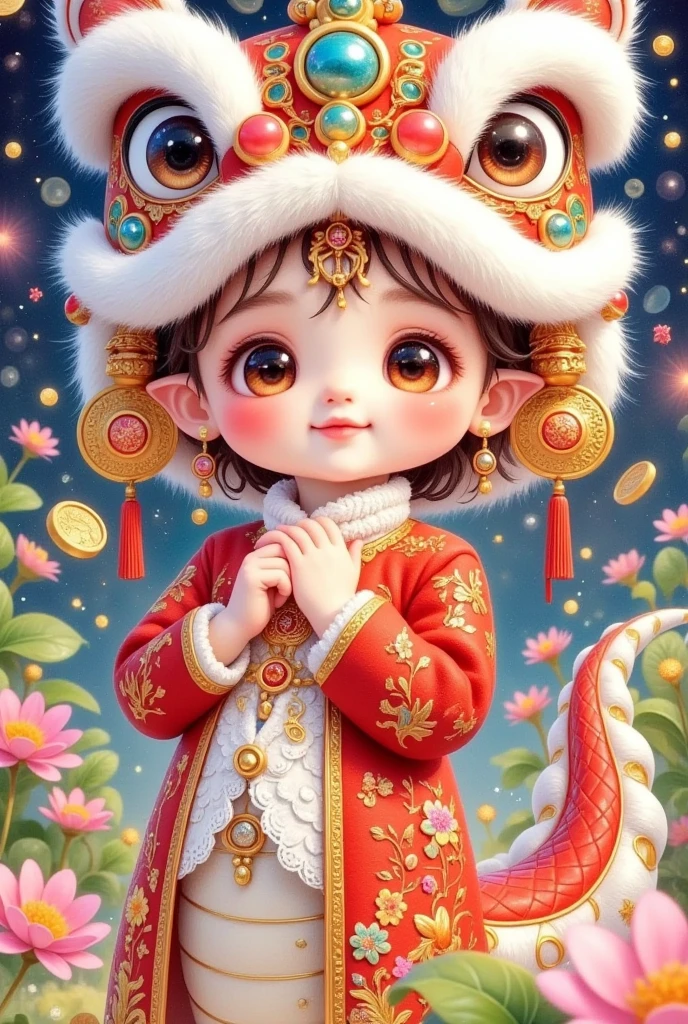 (Closeup of a beautiful boy wearing a Chinese lion hat)， cute faces，Open your arms，Snake Body，A snake tail in the back， Rain of coins in the air。Flowers，Cute and lovely