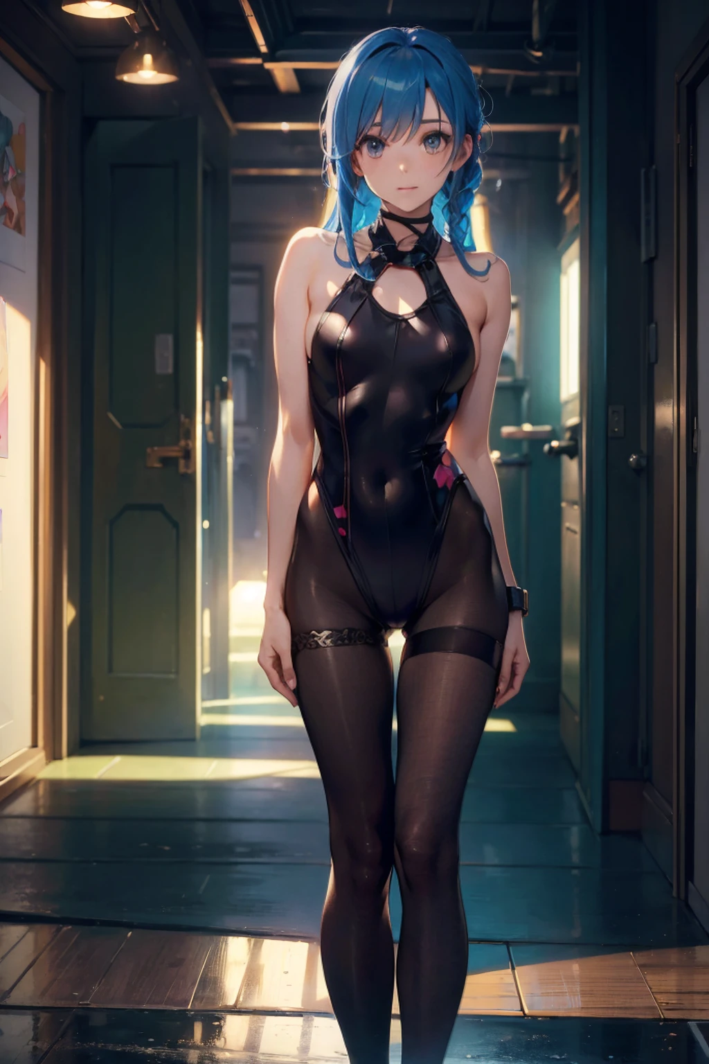 Masterpiece, best quality, 16k resolution, NVIDIA RTX Ray Tracing technology, Create a 4K resolution, ultra-realistic, and extremely detailed artwork, award winning, retina, soft light, sharp focus.(hyper-realistic:1.4),  (full body:1.5), (Night, night time:1.4), from above

cyberpunklucy, lucy, short hair, bangs, blue eyes, blue hair, multicolored hair, makeup, (multicolored eyes:1.3), smile, model pose, modeling

BREAK bare hips, bodysuit, leotard, monowire, off shoulder, off-shoulder open clothes, MIDRIFF

BREAK outdoors, city, moon, night, sky, clouds,

sexy, Sexy, smooth perfect skin, smooth_skin

Beautiful、(red blush)、Sexy

FULL BODY SHOT, ultra wide angle, textured skin, face detail, clean skin, perfect hands, perfect anatomy, anatomically correct,

(Realistic park:1.3)