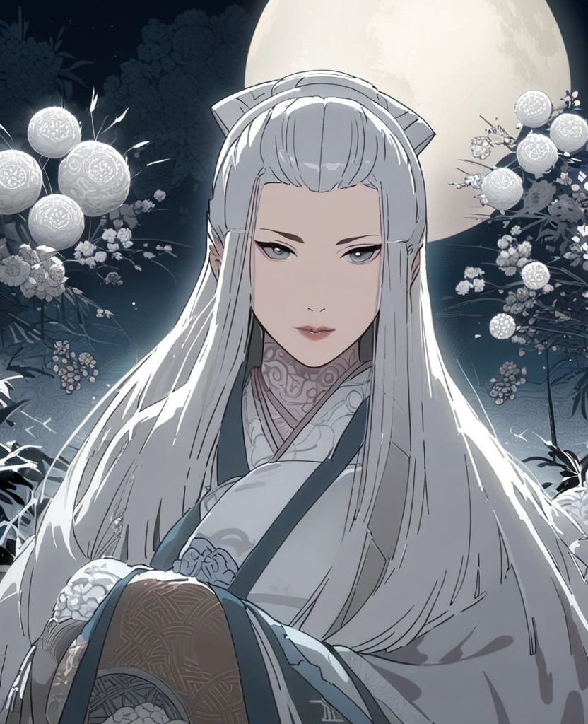 Masterpiece, Best, Night, Full Moon, 1 Female, Mature Woman, Chinese Style, Ancient China, Elder Sister, Royal Sister, Cold Face, Expressionless, Silver White Long Haired Woman, Pale Pink Lips, Calm, Intellectual, Three Belts, Gray Hitomi, assassin, dagger, flower ball background, street view