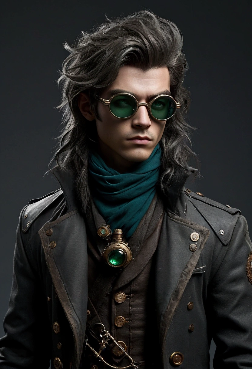 Create a full-body male character concept art, a determined 21-year-old in a steampunk-space opera world. His long hair, inspired by JB from GOT7, is slightly disheveled and covers part of his face. He wears scavenged clothing that shows signs of wear—tattered layers, heavy boots, and a patched coat. His demeanor is serious and focused, reflecting his harsh experiences. He is always seen wearing interesting glasses, which hide his eyes and protect people from his powers. The design should combine steampunk aesthetics with futuristic tech, creating a mix of rugged and advanced elements in his attire. Cool and Dark Color Palette: Dark and muted tones can reflect your distant, serious personality with a complex emotional background. Main Colors: Ash gray and black: to represent hardness, uncertainty and your internal struggle. Dark blue or petrol blue: these cool tones can symbolize your reserved, mysterious and analytical nature. Accents: Silver or metallic gray: can be linked to the scientific/technological aspect of the world and the fact that your power is more mental and linked to perception. Pale emerald green: to highlight details of your design, especially related to your glasses, giving it an almost "cold but sensitive" touch, without being too warm.
