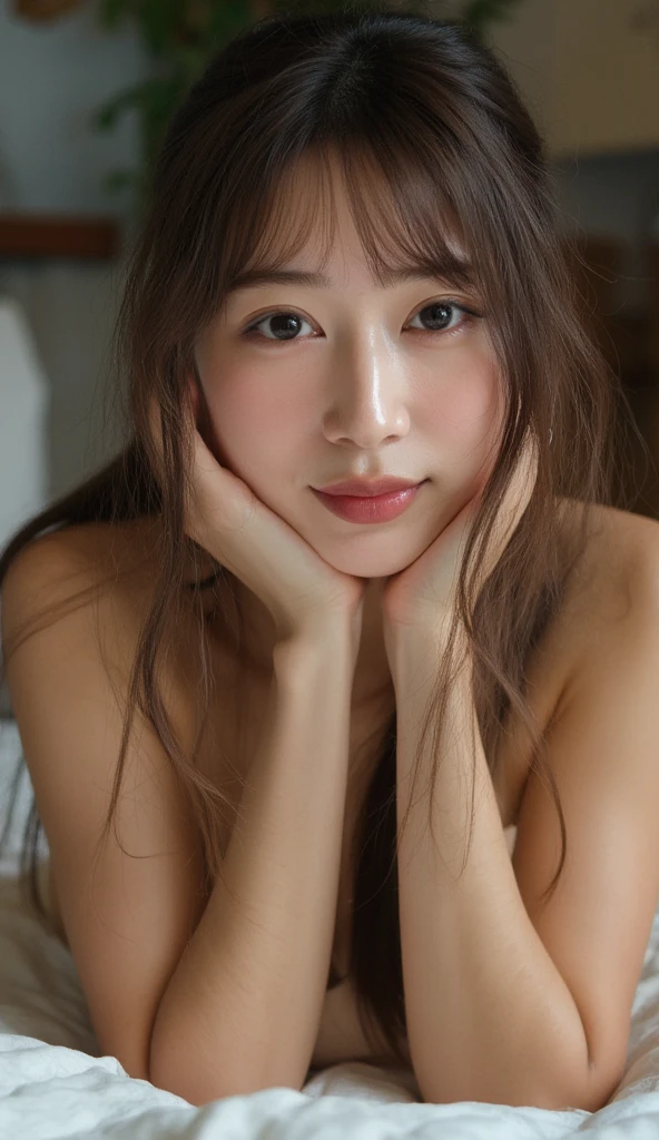 Ultra Close-up photo of a beautiful cute Asian woman,long messy hair, bangs,on bed, kneeling , smiling , sexy, erotic, close up from down. mouth open, ahegao,