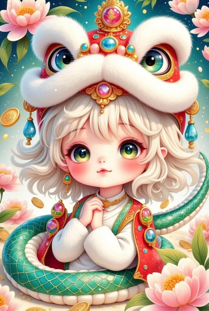 (Closeup of a beautiful boy wearing a Chinese lion hat)， cute faces，Open your arms，Snake Body，A snake tail in the back， cropped top， Rain of coins in the air。Flowers，Cute and lovely