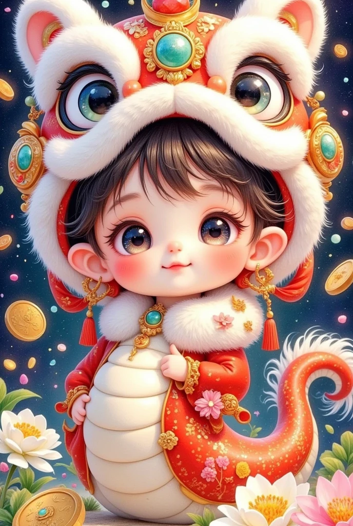 (Closeup of a beautiful boy wearing a Chinese lion hat)， cute faces，Open your arms，Snake Body，A snake tail in the back， Rain of coins in the air。Flowers，Cute and lovely